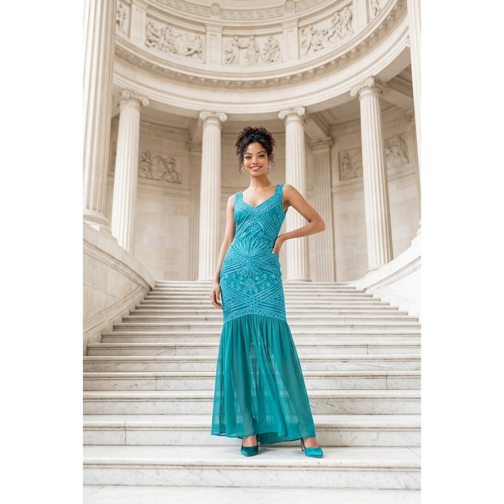 JS Collections Teal Soutache Sequin Mermaid Gown Art Deco V-Neck Formal‎ Dress